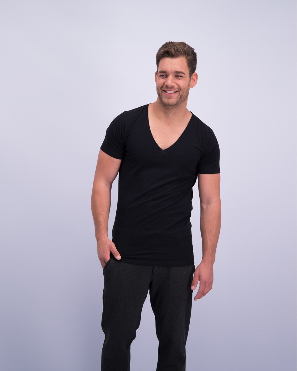 T-shirt Diepe V Hals Stretch Zwart 6-pack -285