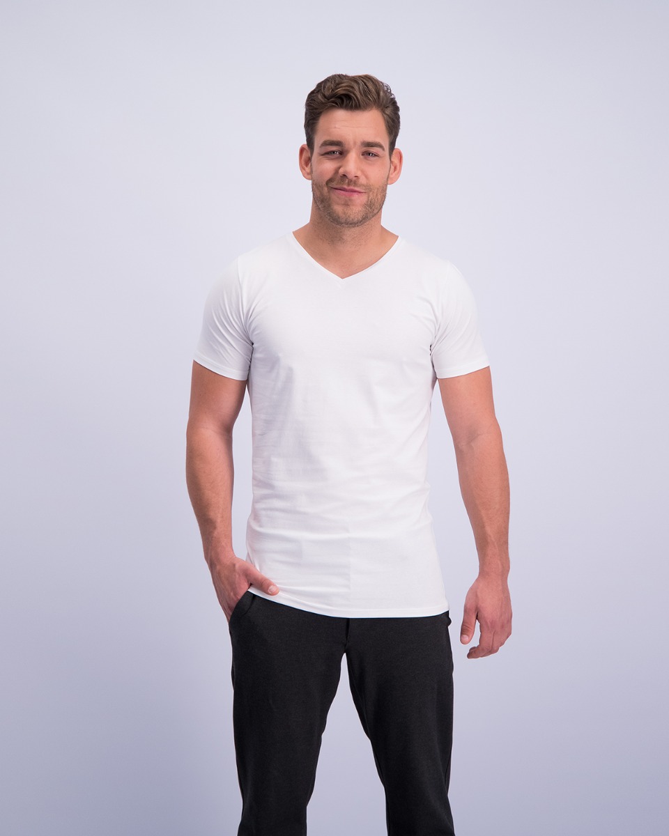 T-Shirt Normale V Hals Stretch Wit 8-pack-611